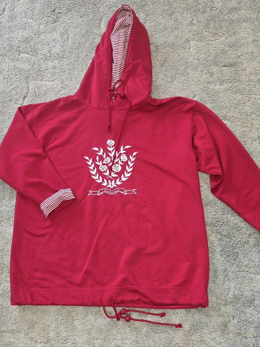 Red Hooded Sweatshirt White Embroidery Stripe Accent *0052